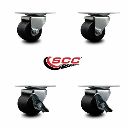 Service Caster Low Profile Polyolefin 2'' Wheel Top Plate Swivel Caster Set with 2 Brake, 4PK SCC-04S211316-POS-2-SLB-2